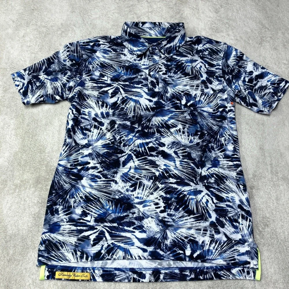 Robert Graham Polo Shirt Abstract Palm Bold AOP Blue White Mens Size S